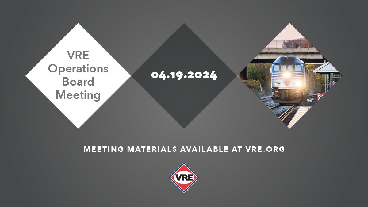 Join us on YouTube (brnw.ch/21wIQtM) Friday at 9am for the April meeting of the VRE Operations Board. View the meeting agenda at brnw.ch/21wIQtO
