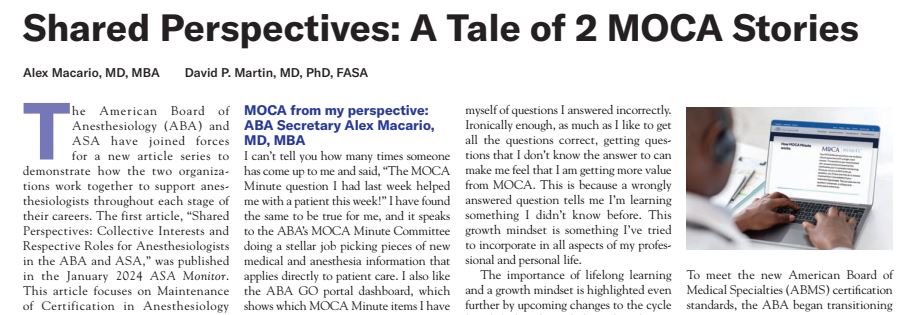 The ABA and ASA work together to support anesthesiologists throughout each stage of their careers. Learn about this collaboration and discover educational resources, including the ABA’s MOCA Minute and ASA CME products. ow.ly/Eu5k50Reb8z @AbaPhysicians #MOCAMinute