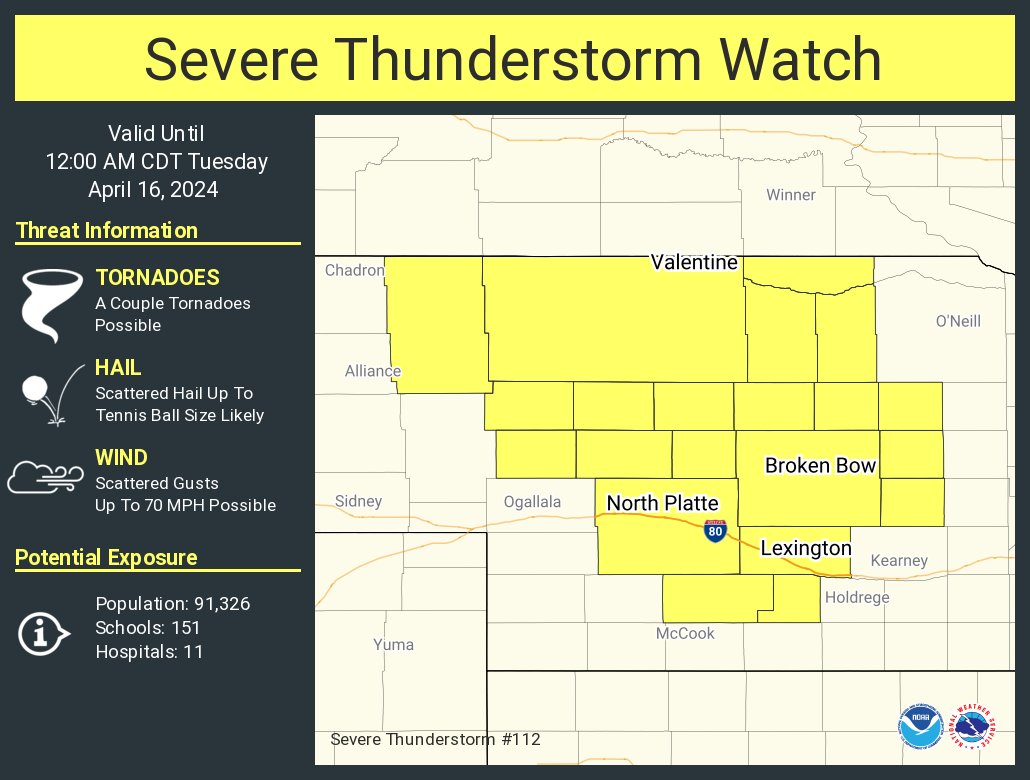 A severe thunderstorm watch has been issued for parts of Nebraska until 12 AM CDT