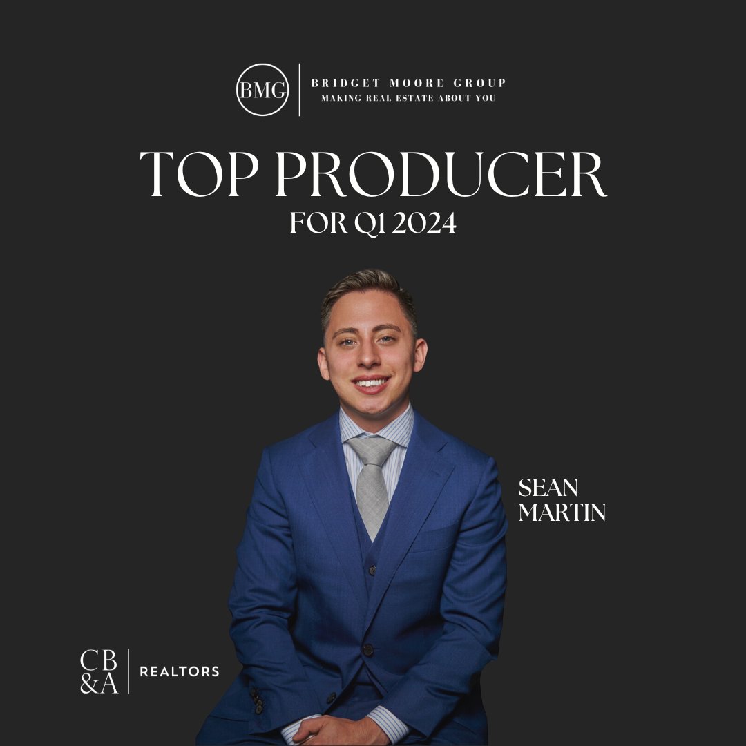 We are excited to announce that Sean Martin is the Top Producing Agent for Q1 in 2024 at Bridget Moore Group! #bridgetmooregroup #makingrealestateaboutyou #realestate #topproducer