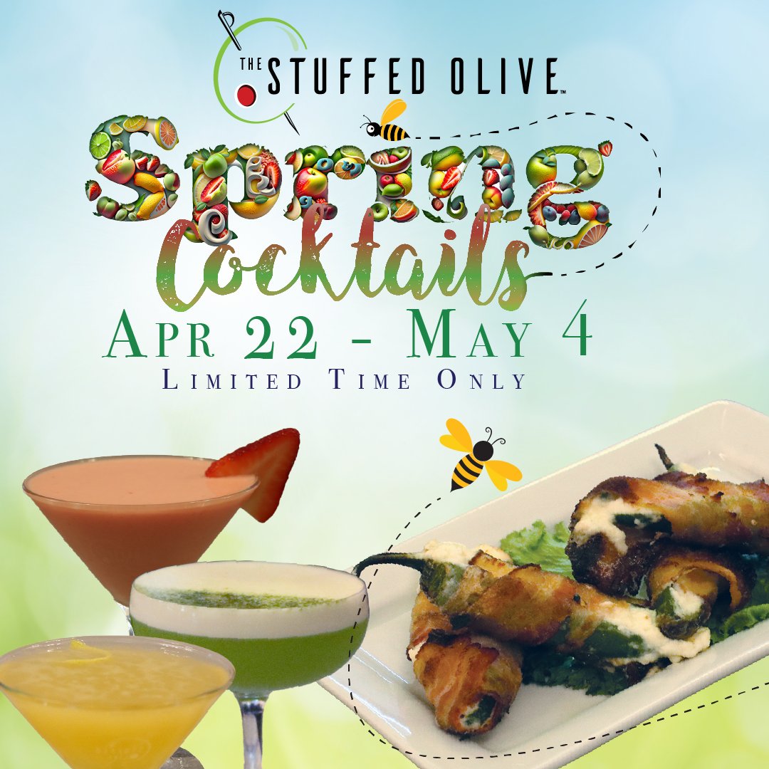 Spring Cocktails 🐝 for Apr 22-May 4! 🌼 Golden Hour 💚 In a Haze Margarita 🍈 Matcha Melon Sour 🌸 Peach Blossom 🍓 Strawberries & Cream 🍑 Basil Peach Mule 🥓 Bacon Wrapped Stuffed Jalapeños #thestuffedolive #martinibar #tapas #mainstreetcedarfalls #spring