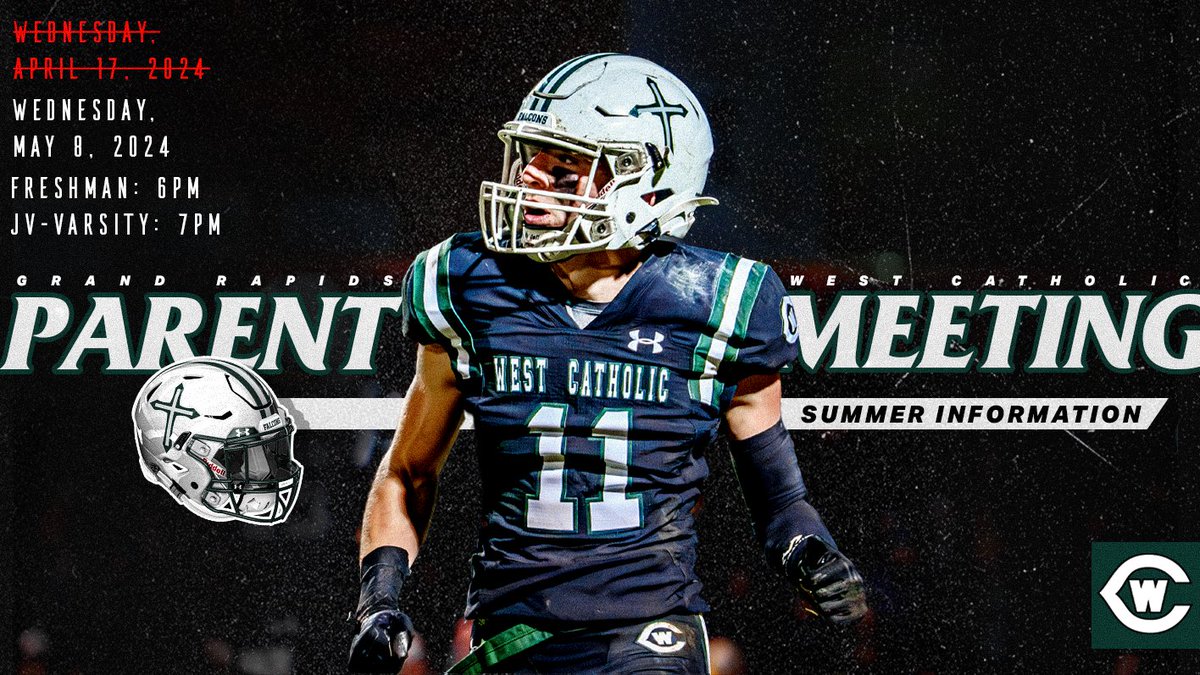 Save The Date! Our RESCHEDULED Pre-Summer Parent Meeting will be held at West Catholic on Wednesday, May 8 in The Mak. Freshman: 6pm JV-Varsity: 7pm Looking forward to seeing our Football Family as we prepare for the 2024 summer calendar & events. #WeTheWest | #GRWCFootball