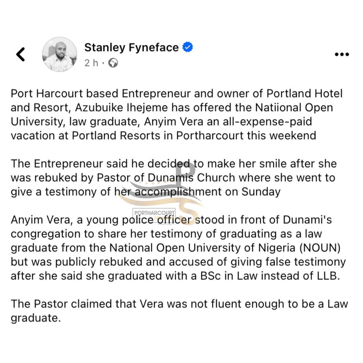 Popular Port Harcourt hotel owner, Azubuike lhemeje offers NOUN law graduate, Vera an all-expense-paid trip to his Hotel