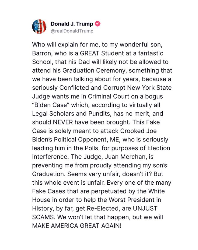 Judge Merchan is not only trying to punish President Trump by threatening him with arrest if he goes to Barron’s graduation, he is purposely trying to hurt an 18 year old kid simply because his last name is Trump. Every young man looks forward to seeing their proud father in the…