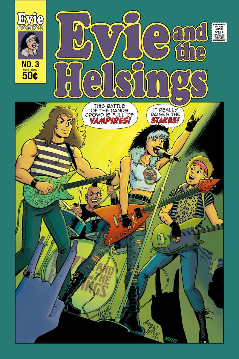 Here are some of the covers we have for Evie and the Helsings #3! • Main cover: @DonCardenasArt • Variant drawn by me & colored by @Jason_Millet • Retro variant: penciled by Don & inked/colored by me • Guest variant: @AndrewPepoy /colors by Jason. kickstarter.com/projects/steve…