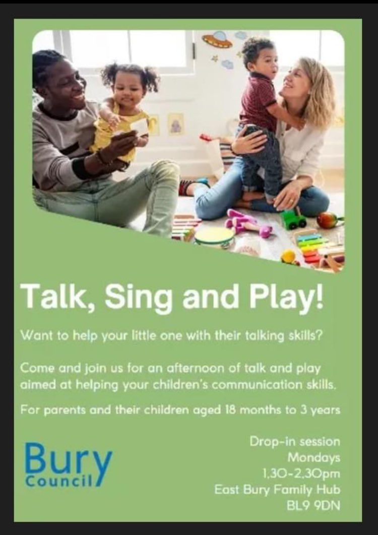 Please share with parents of children aged 18 months to 3 years! 
At East Bury Family Hub, Dorset Drive, Bury on Mondays between 1:30pm-2:30pm for an afternoon of talk, song and play

This session is a drop-in session - No need to book, just turn up 👍