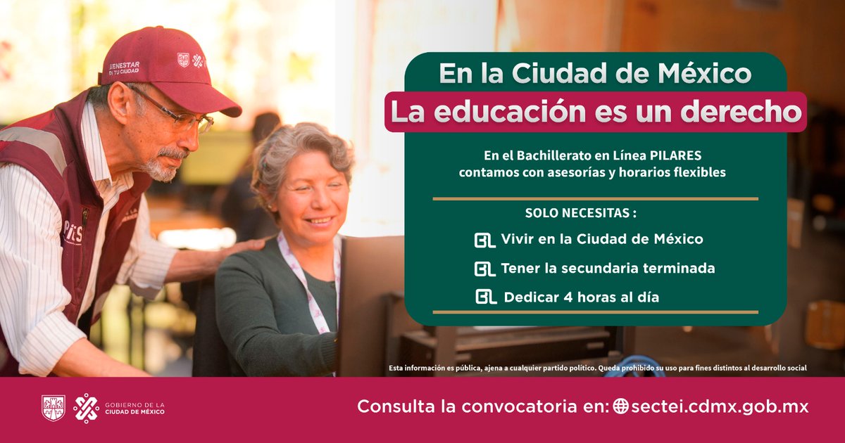 SECTEI_CDMX's tweet photo. El #BachilleratoenLíneaPILARES es una buena opción en la educación media superior para jóvenes y adultos, diseñado para cursarse en dos años y medio. 

Consulta la página de la #SECTEI, pronto publicaremos la siguiente convocatoria.👇  
https://t.co/iwSGNI0RgZ https://t.co/QMzKXJWM6f