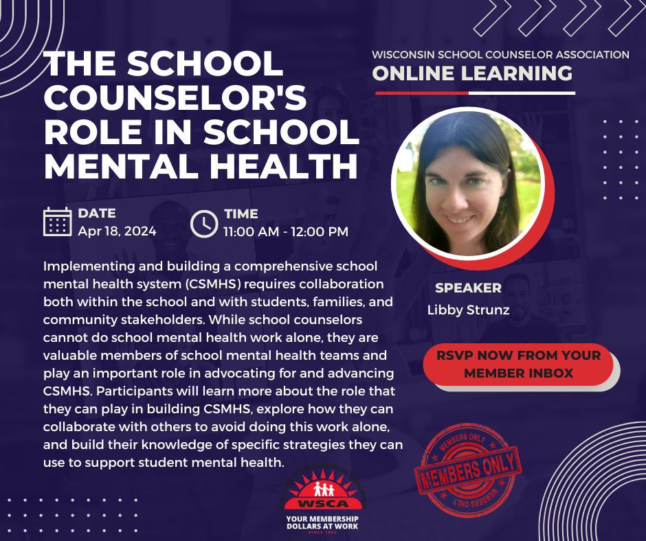 Our next online learning session is happening on Thursday, April 18th! Join Libby Strunz of the Wisconsin Department of Public Instruction as she shares insight on the school counselor's role in school mental health. buff.ly/3stAsCe