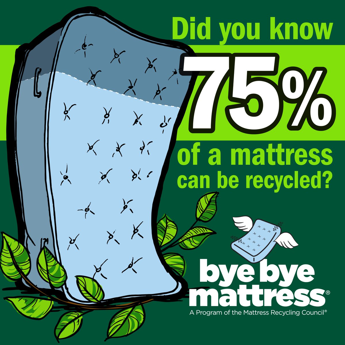 DYK 75% of a mattress can be recycled? There are several ways you can recycle your mattresses, box springs, and futon mattresses through Mattress Recycling Council’s @ByeByeMattress program. Visit byebyemattress.com/california/to learn more. #byebyemattress #EarthMonth2024