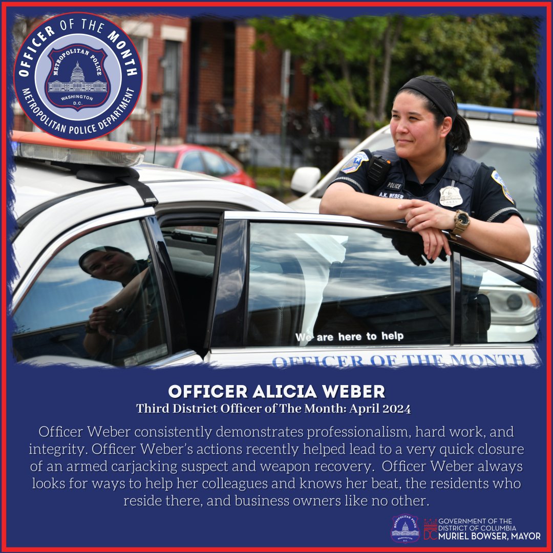 Congratulations to Officer Alicia Weber for being named “Officer of the Month” in the Third District. We appreciate your dedication! Interested in joining our team, follow Join DC Police and apply today: joinmpd.dc.gov