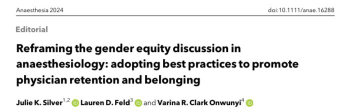 Gender #disparities in #Anesthesiology workforce still exist! This one HITS home… In our editorial, we share: 🤝Ways to promote belonging and wellness 👥Best practices essential to advancement of gender equity Learn more here 👇🏾 tinyurl.com/3zfwcurh Thanks @Anaes_Journal