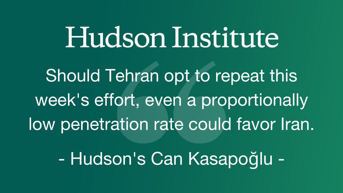 Even with #Israel's high interception rates, drone and missile warfare operations favor the offensive party. Unless Tehan faces an offensive deterrent, @ckasapoglu1 explains, it will have more freedom to employ its disruptive military capabilities. Read: hudson.org/defense-strate…