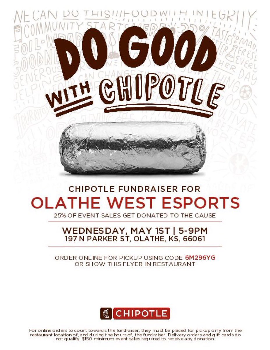 A couple of weeks away, and you know what sound good? Getting some #Chipolte On May 1st, from 5:00pm-9:00pm, go get you some Chipotle! Show this flyer or use the code and our club gets money! It is so simple! Help us out, and eat good!
<a href="/OlatheWestOwls/">Olathe West High</a>