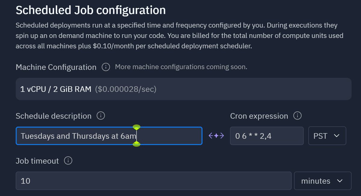 johnowhitaker's tweet photo. Something I appreciated just now: @Replit's scheduled deployments UI has a text-to-cron AI conversion. A small touch but so nifty! This is the future I want, where thoughtful people use AI to add magic in places where it actually makes sense :) https://t.co/wbxgxECo48