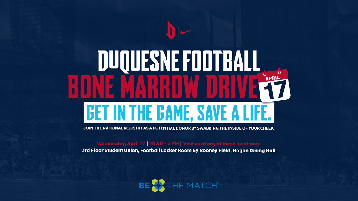 We will host our annual Be The Match Bone Marrow Drive this Wednesday! 🗓️: April 17 🕰️: 10am - 3pm 📍: 3rd Floor Student Union, Football Locker Room (Rooney Field), Hogan Dining Hall