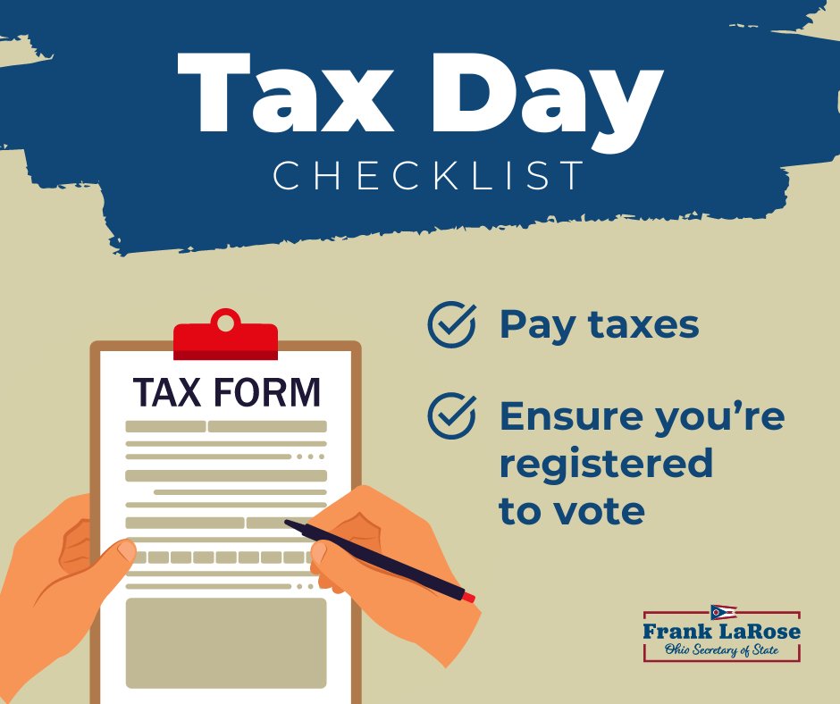 Today is Tax Day and your last chance to get your taxes filed on time. While you're at it, ensure you're ready to make your voice heard for the next election day. Visit VoteOhio.gov for voter information.