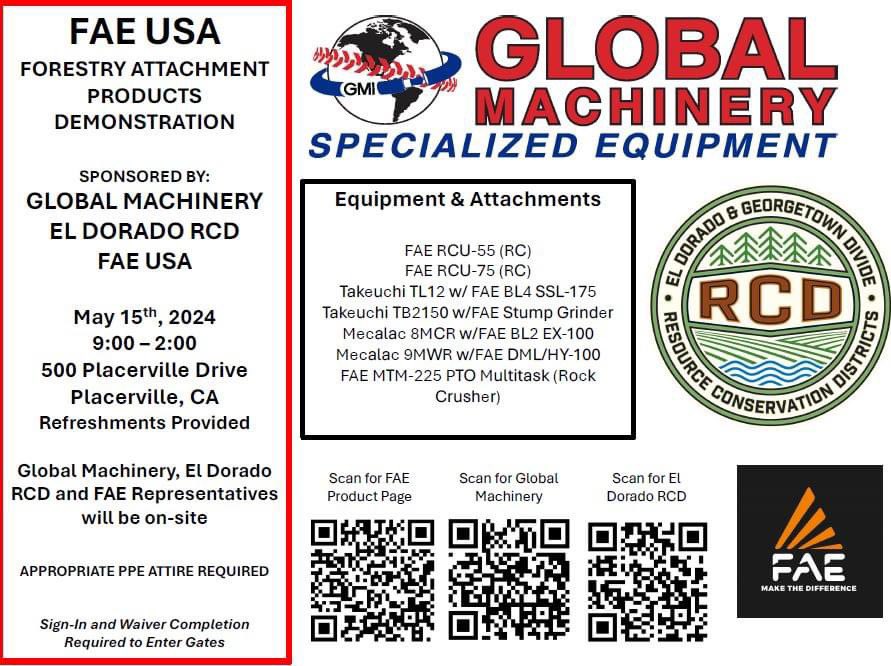 GlobalRents's tweet photo. 🌲 Exciting News! Join us in Placerville, CA on May 15th for the FAE USA Forestry Attachment Products Demonstration! Get ready for live demos, expert reps, and refreshments! Mark your calendars! 🌳 

#GlobalMachinery #RCD #ForestryDemo #FAEUSA #FAE #ForestryEquipment https://t.co/3uXgSOrl20