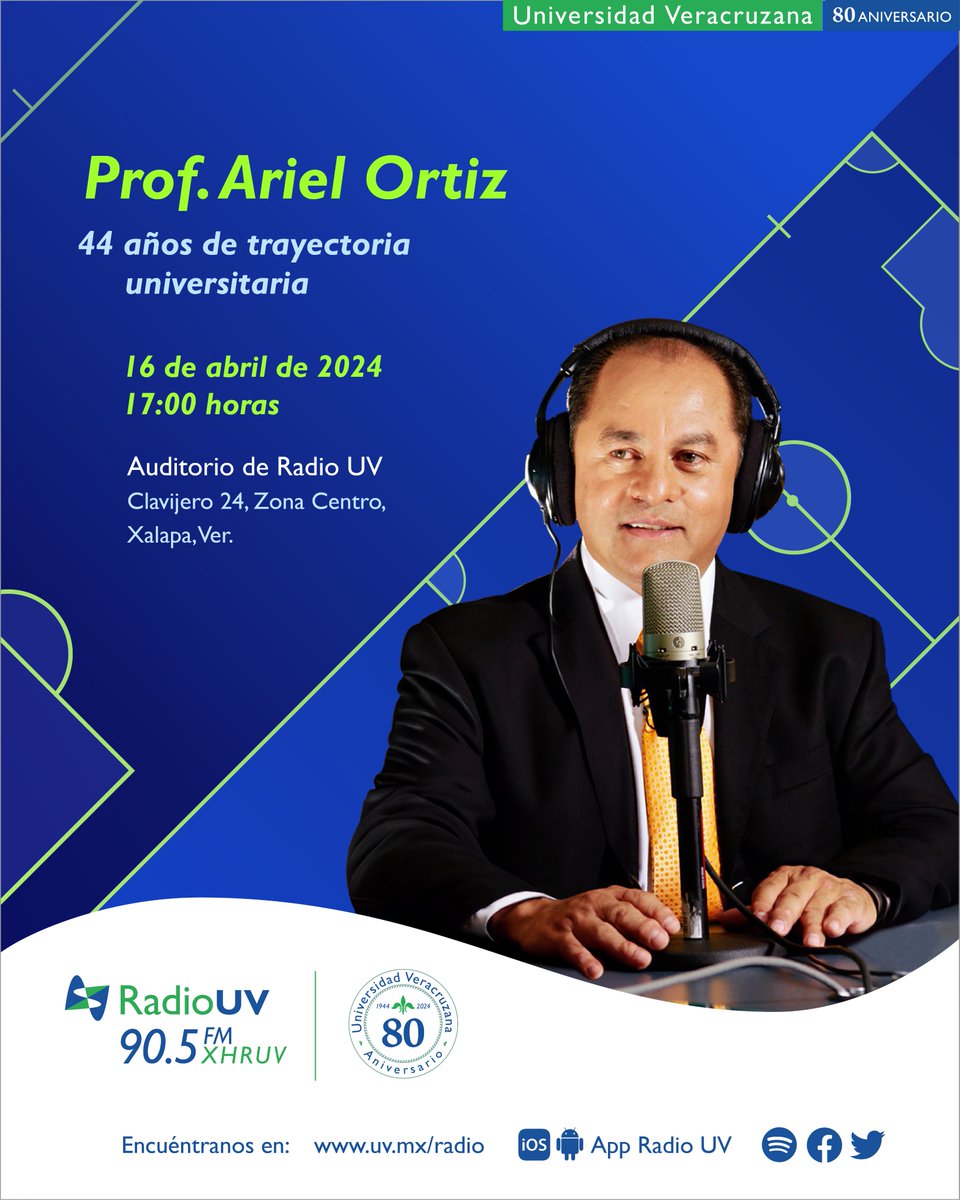 En Radio Universidad Veracruzana manifestamos nuestra admiración y cariño al Profesor Ariel Ortiz, por 44 años de trayectoria universitaria. 👉🏻 Hoy, acompáñanos durante su acto homenaje y mesa de debate, en punto de las 17:00 horas. 🎧90.5 FM | En línea: bit.ly/radiouvenlinea