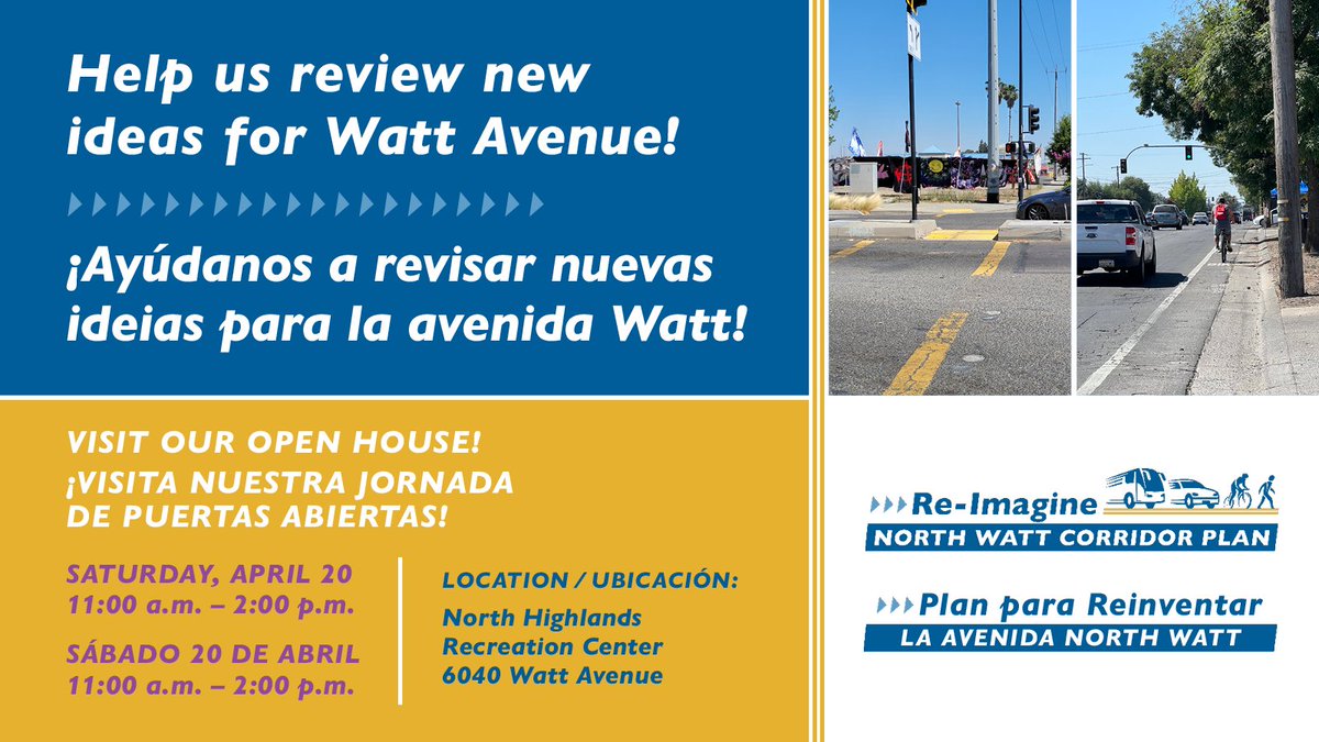 REMINDER @SacCountyDot will host an Open House on April 20 from 11 a.m. – 2 p.m. at the North Highlands Recreation Center (6040 Watt Ave) Review new concepts for Watt Avenue, from public feedback, see the alternatives & give additional feedback. Learn more reimaginenorthwatt.com