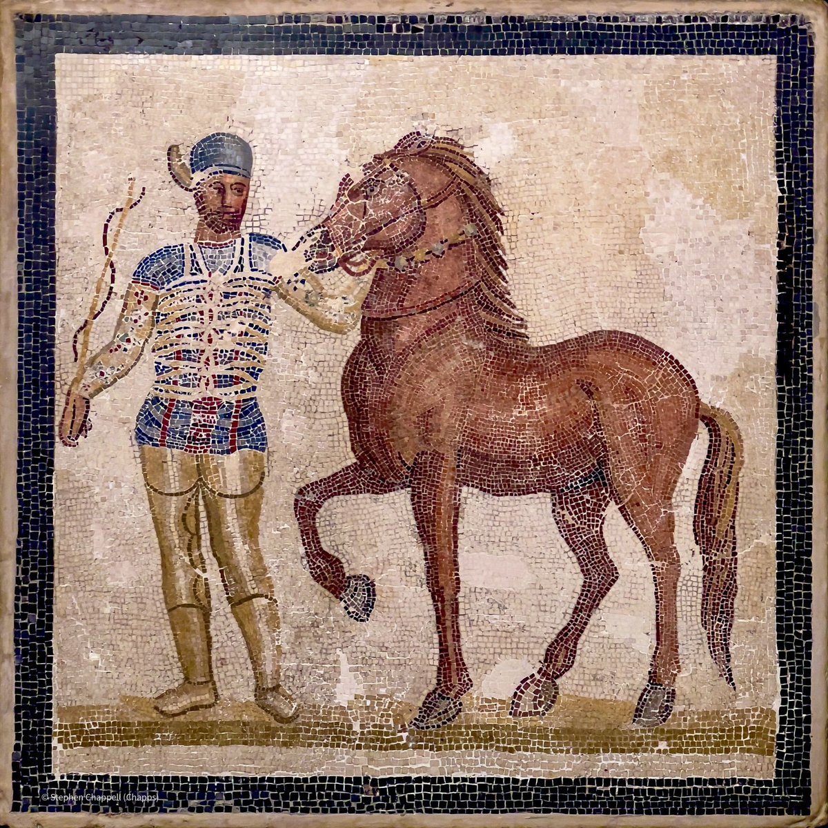 #MosaicMonday portraits of two of the four chariot team faction leaders (aurigae) from a larger mosaic. White and blue, each with their lead horses. They wear leggings, long sleeves (decorated!) w/ fasciae (ropes tied around their torso). 3rd c. CE, #PalazzoMassimo, Rome. 📸 me