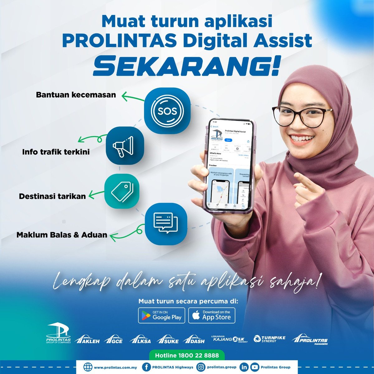 Anda pengguna AKLEH, GCE, LKSA, SILK, SUKE & DASH? Muat turun aplikasi PROLINTAS Digital Assist bagi memudahkan perjalanan anda ketika melalui lebuh raya kendalian PROLINTAS! #InfoTrafikDASH #PesanPROLINTAS #PROLINTASAnnouncement