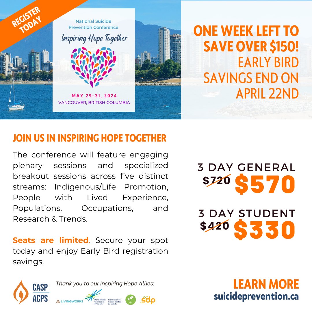 If you’ve been thinking about attending the National Suicide Prevention Conference now is the time to secure your spot.  Only one week remains for Early Bird Savings. Visit our website for details and full program: bit.ly/4bh0Elx #SuicidePrevention #VancouverBC