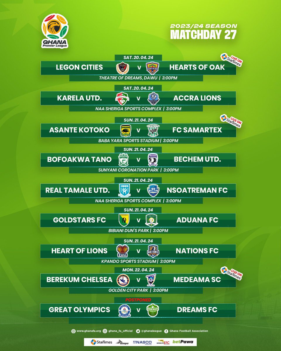 📌 MATCHDAY 27 FIXTURES 🗓️ #GhanaPremierLeague