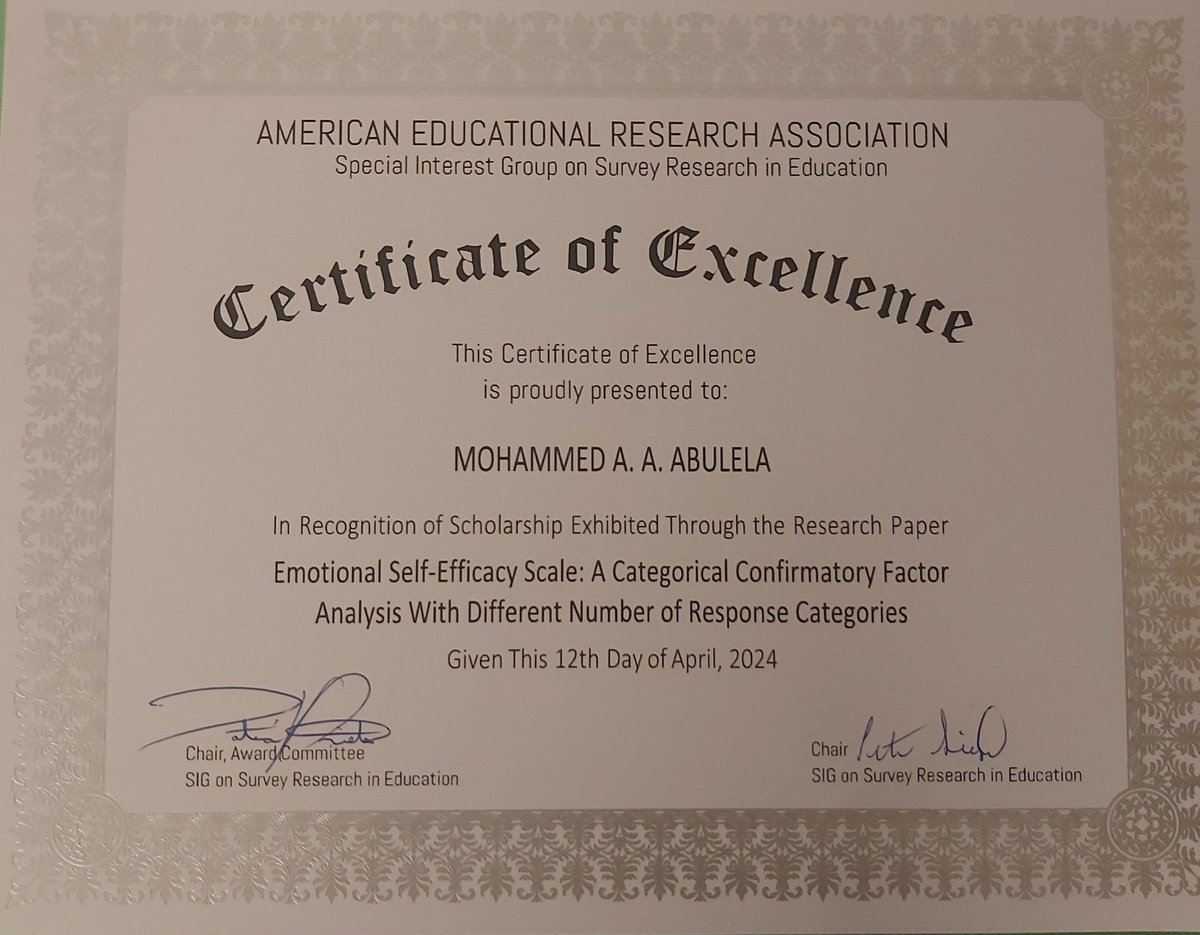 Moha_Abulela's tweet photo. Thrilled to share that my paper received an excellence award from the "Survery Research in Education Sig." at @AERA_EdResearch. Thanks to @CMJ_org for the travel scholarship, to Dr. @Rodriguez_UMN for his endless support, and to my colleagues at MyDrG! https://t.co/NVQzQK9vV1