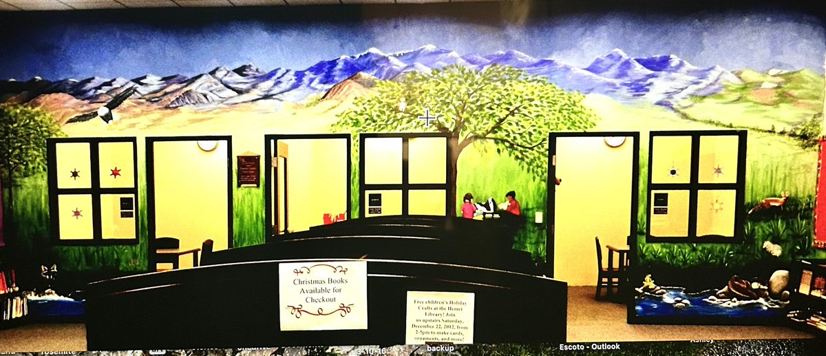 I was asked to design and paint a mural in the children’s section of the public library by a member of the board. 10’ x 25’ wall. I had to rent a lift to paint half of the wall. The dog is a service dog that visited the library during the children story hour. I’m pretty proud.