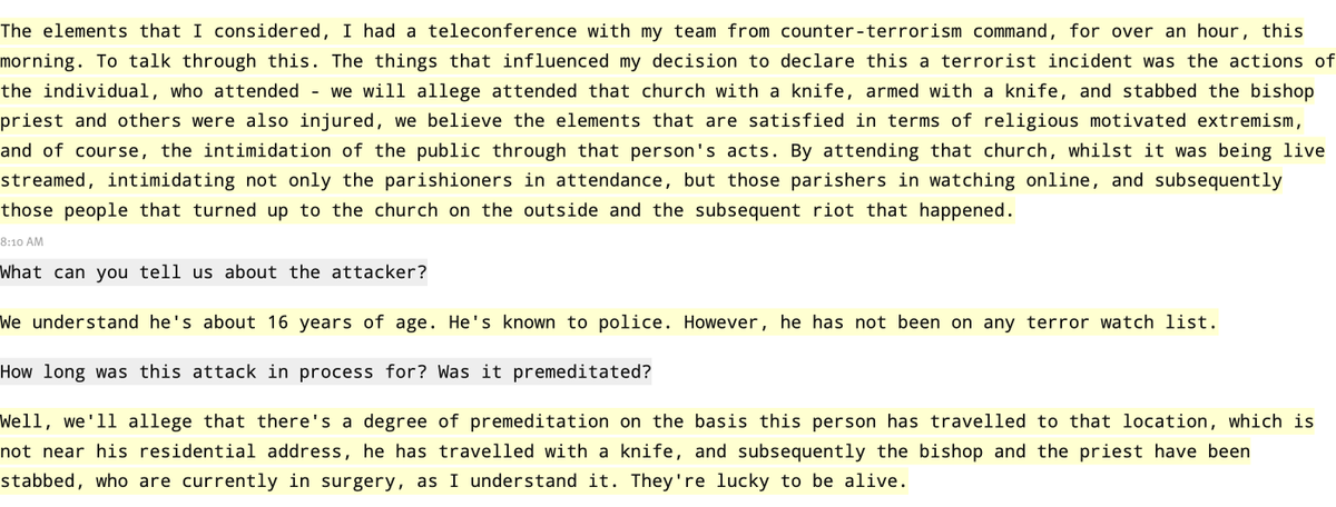 Here's the commissioner's comments re: declaration of terrorism and the allegation that it was a premeditated attack