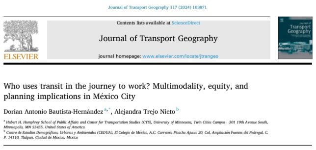 Nueva publicación, en colaboración con la Dra. Trejo @AlejandraTrejoN Who uses transit in the journey to work? Multimodality, equity, and planning implications in México City Descarga libre los primeros 50 días authors.elsevier.com/a/1ix6e3RpEOb4…