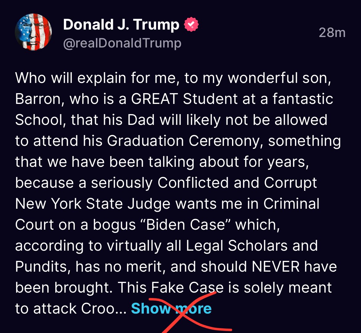 Just tell Barron you’re on trial for election interference for sleeping with Stormy Daniels while his momma was pregnant with him.