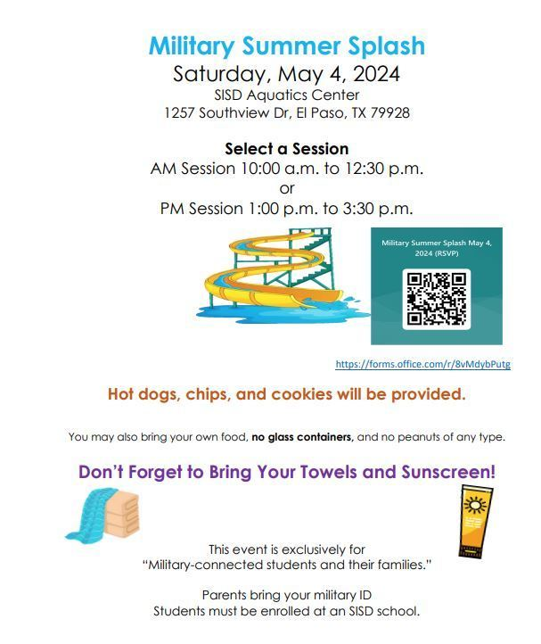 Join us for the #TeamSISD Military Summer Splash on Saturday, May 4 at the SISD Aquatics Center. ☀️ Military families may register from April 15-26 with the QR code on the flier. Parents must bring their military ID and students must be enrolled in our #TeamSISD schools.