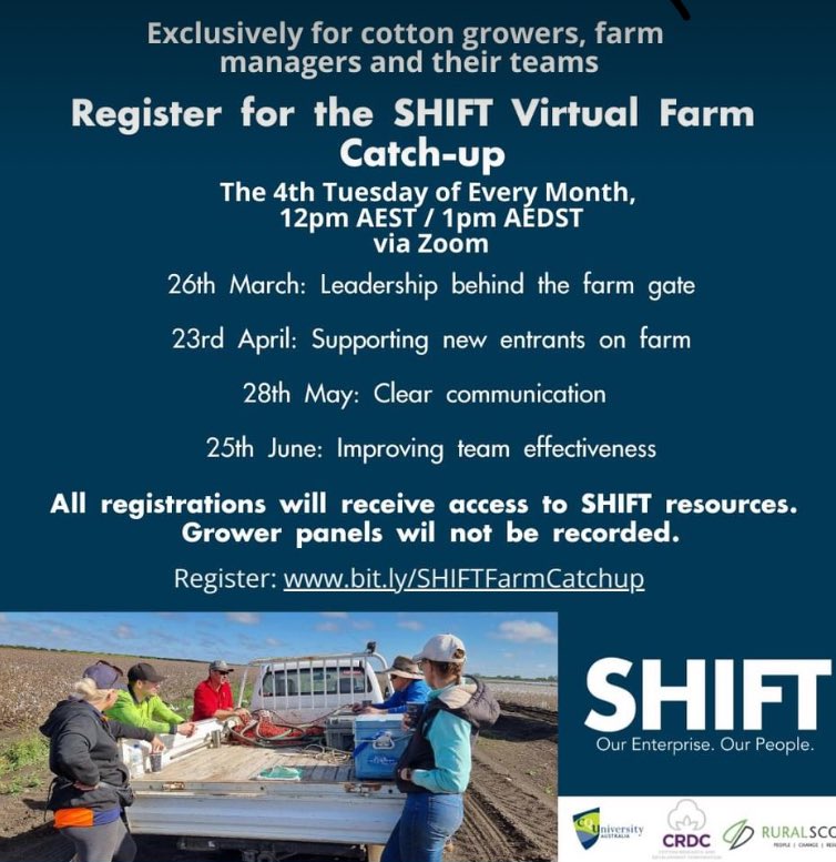 Next week’s virtual farm catchup is with current &amp; former team members at Merced Farming! 

We’ll chat new entrants to the industry, what employers can do for a smooth entry, &amp; the mindsets &amp; skills new team members need to thrive on farm.

Register here: bit.ly/SHIFTFarmCatch…
