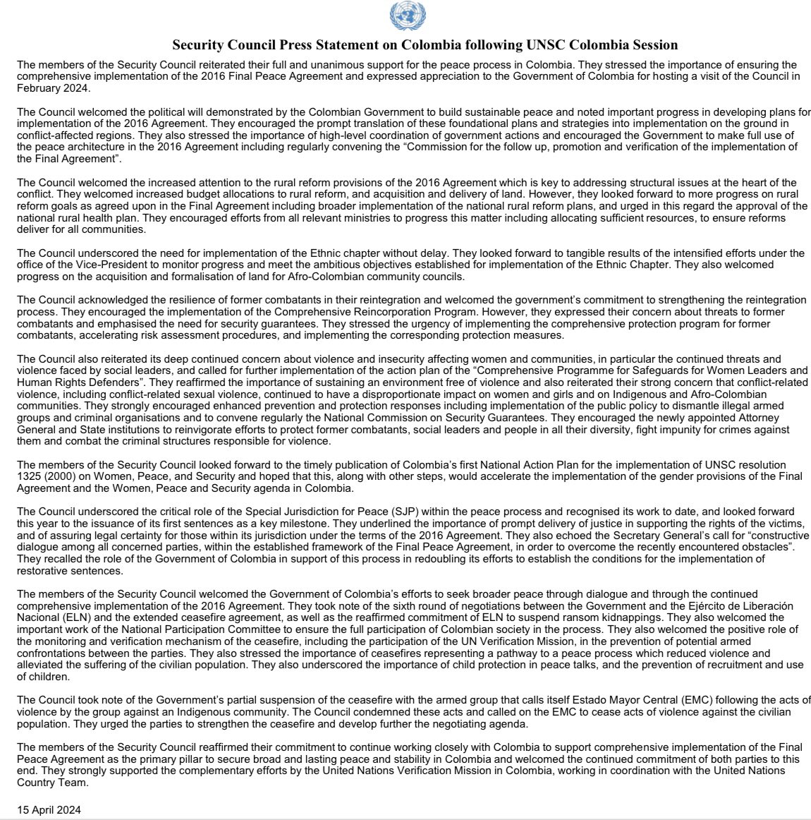 #UNSC Press Statement on #Colombia - Welcomes Governments' efforts to achieve broader peace through dialogue & continued implementation of 2016 Agreement - Stresses importance of ceasefires - Awaits timely issuance of 1st @JEP_Colombia sentences & #WPS National Action Plan ⬇️