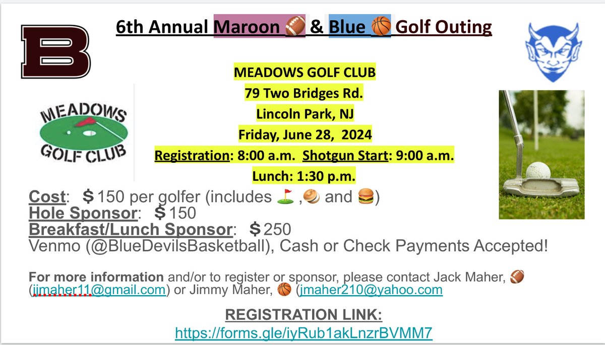 Your voices have been heard and we are relocating the 6th Annual Maroon &amp; Blue Golf Outing! Contact me or Jimmy for more information.  ⁦<a href="/WRBoysBball/">BlueDevilsBball</a>⁩                                             docs.google.com/forms/d/e/1FAI…