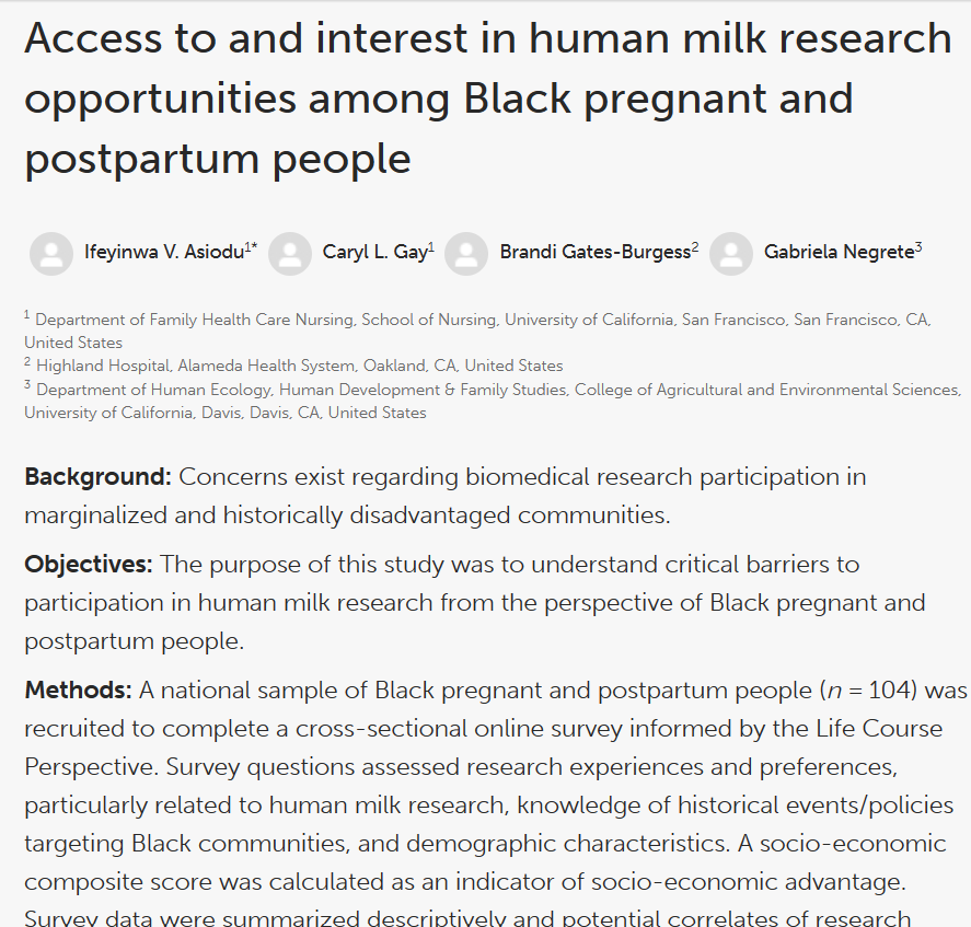 *New Paper Alert* - beyond thrilled that this paper was published during #BlackMaternalHealthWeek ! 👏🏾 Access to and interest in human milk research opportunities among Black pregnant and postpartum people Read more by clicking the link in our bio…check it out! @UCSFNurse