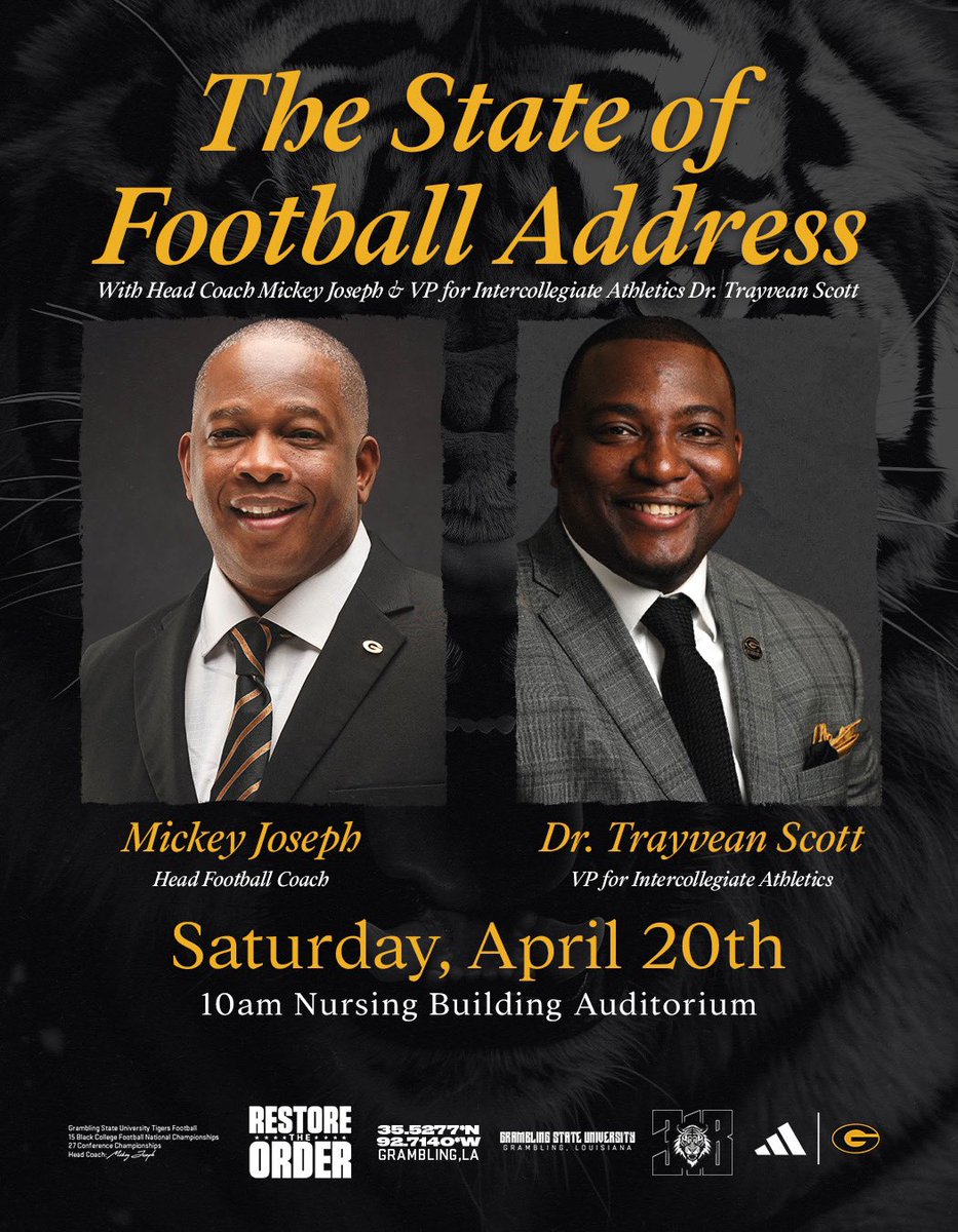 #GramFam Join us before the Spring Game on Saturday for a State of Football address. Head Coach Mickey Joseph and Vice President for Intercollegiate Athletics Dr. Trayvean Scott will address #GramFam at 10am in the nursing building. # ThisIsTheG