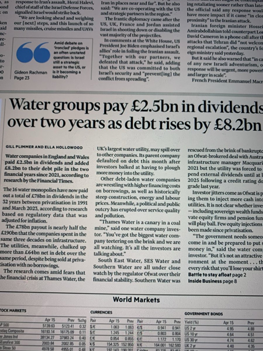 FT: 16 monopolies have paid out a total of £78bn (adjusted for inflation) in dividends since privatisation and racked up £64bn net in debt over the same period. No prizes for guessing who will end up footing the bill. Water privatisation = almighty rip-off.