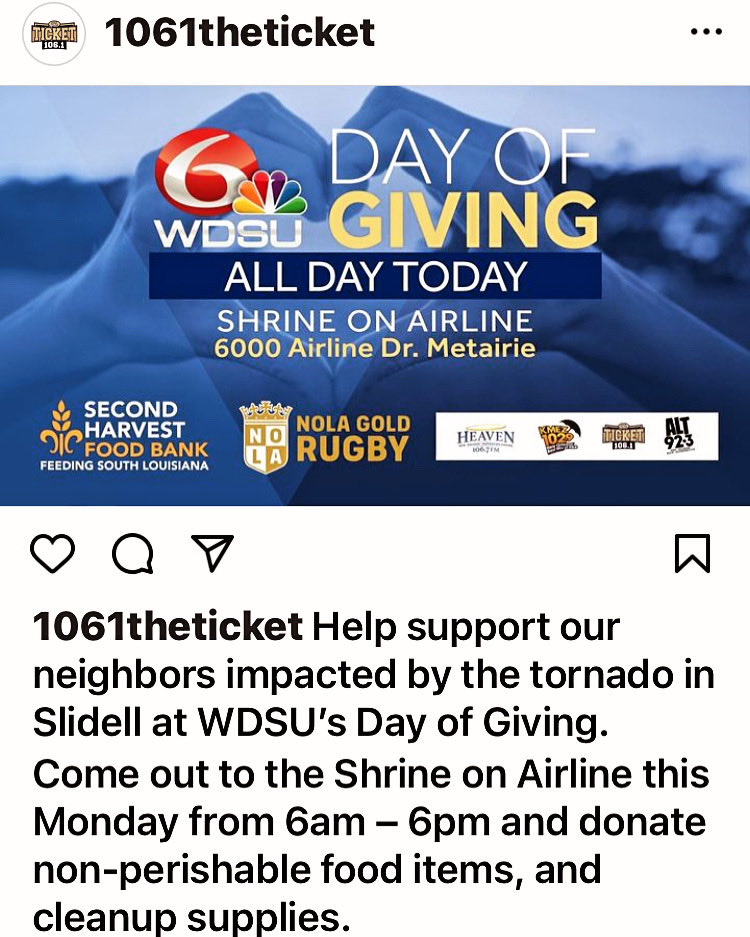 Proud of our great station @1061_TheTicket for joining the Slidell Relief effort!! That’s The Ticket!! #DayOfGiving #Slidell 
@kentrahan @JudeYoung