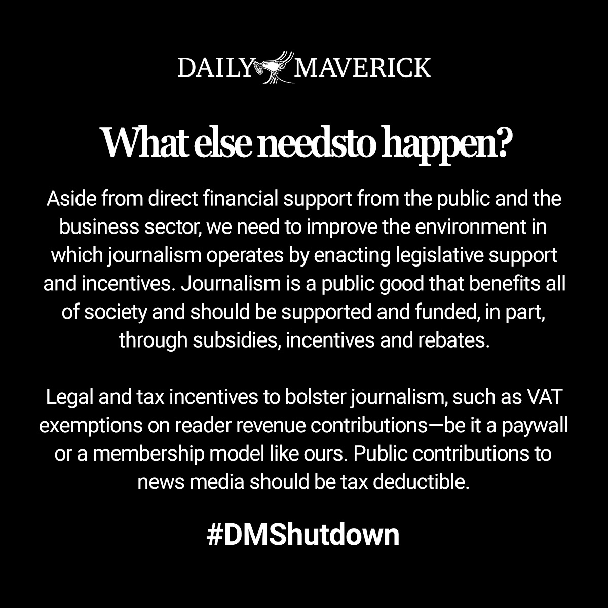 dailymaverick's tweet photo. (6/8) FAQ: What else needs to happen?
Visit https://t.co/OnIHcZnkcM to find out how you can support our journalism.
#DMShutdown https://t.co/R1tO6jv5ck