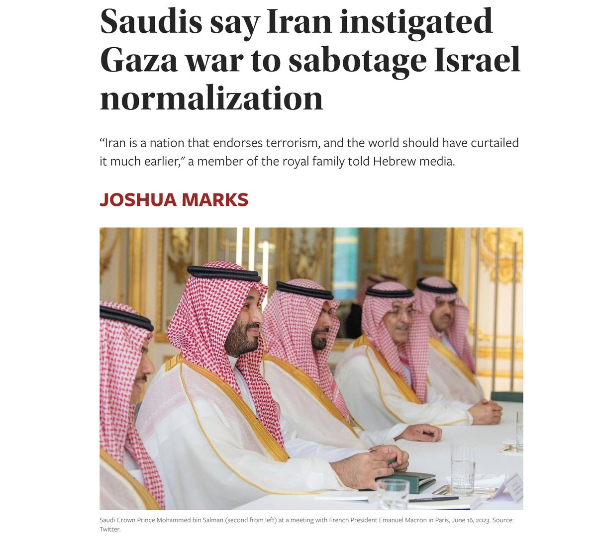 A Arábia Saudita, além de ter participado ativamente na defesa de Israel contra o ataque iraniano, disse hoje que o Irã instigou a guerra na Faixa de Gaza com um só propósito: atrapalhar o processo de normalização das relações entre a Arábia Saudita e Israel. Para os sauditas, "o