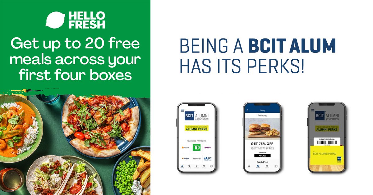 Want to destress your meal prep? Check out Canada’s #1 meal kit and Perks partner HelloFresh. BCIT alumni get up to 20 free meals across their first four boxes using the Perks app.
Learn more about your alumni perks: bit.ly/3UmaSYR