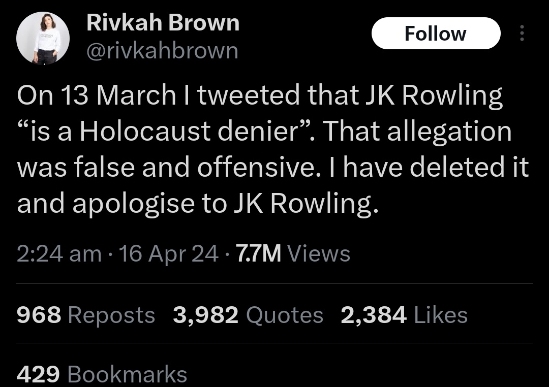 Yeah you see, JK Rowling isn't 'a Holocaust denier' she is a 'denies that part of the Holocaust happened and that's different somehow'