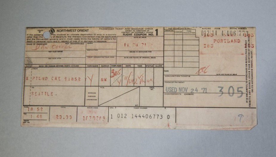 This is the airline ticket purchased by the mysterious hijacker known as D.B. Cooper, who used the alias Dan Cooper for a flight bound for Seattle.

The hijacker informed a flight attendant of being armed with a bomb, demanded $200,000 in ransom, and requested four parachutes