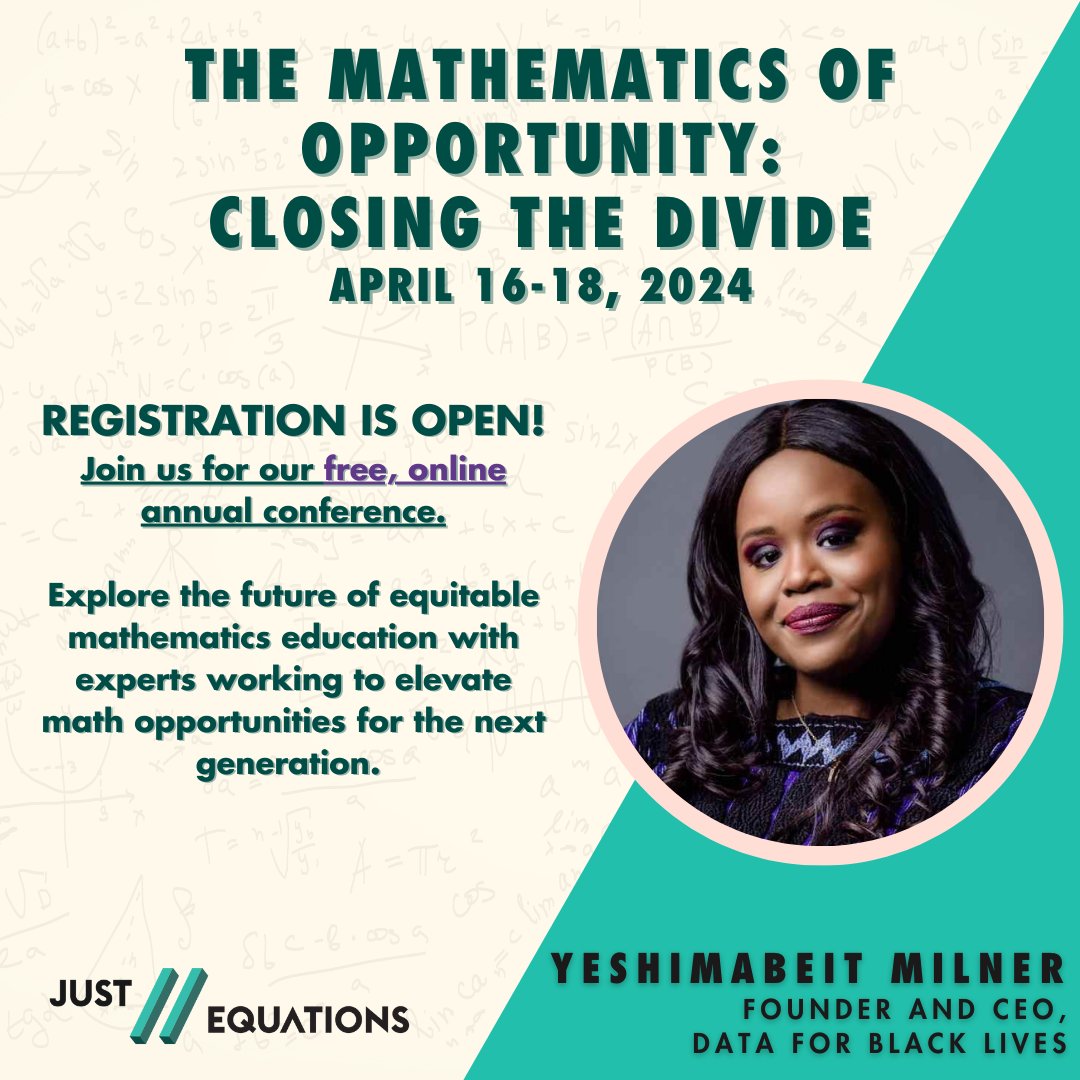 This Tuesday, 4/16, our founder and CEO, Yeshimabeit Milner, will share remarks at the Just Equations conference. Please join us for this free virtual event, which explores the future of equity in mathematics education. The session begins at 3 PM CT. #linkinbio to register.