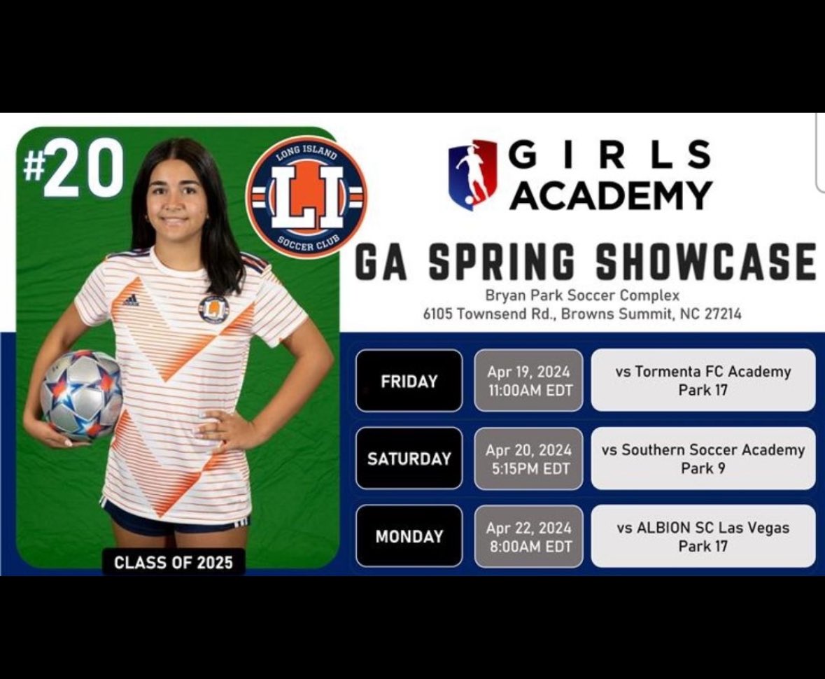 Come and see me play this weekend at the GA spring showcase in North Carolina. Hope to see you on my sideline. 
#Classof2025 
#macarthur
#midfield #forward 
#longislandsoccerclub
<a href="/LISoccerClub/">LongIslandSC</a> 
<a href="/USWNT/">U.S. Women's National Soccer Team</a> 
@SoccerMomInt 
<a href="/ImYouthSoccer/">ECNL/GA/Recruiting/College Soccer</a>