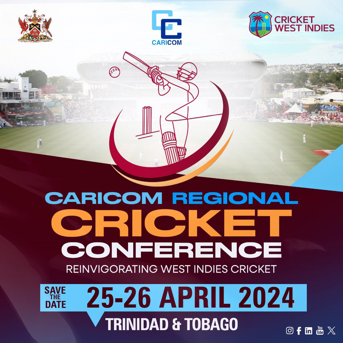 #SAVETHEDATE 🏏#CARICOM Regional Cricket Conference 📄Theme: Reinvigorating West Indies Cricket 📅 25-26 April 2024 🏢Hyatt Regency Trinidad, POS 🇹🇹 💻Join us live on CARICOM's social media platforms 🇦🇬🇧🇸🇧🇧🇧🇿🇩🇲🇬🇩🇬🇾🇭🇹🇯🇲🇲🇸🇰🇳🇱🇨🇻🇨🇸🇷🇹🇹🇦🇮🇧🇲🇻🇬🇰🇾🇹🇨 #WICRICKET #OURGAME #CRICKETINTHEREGION