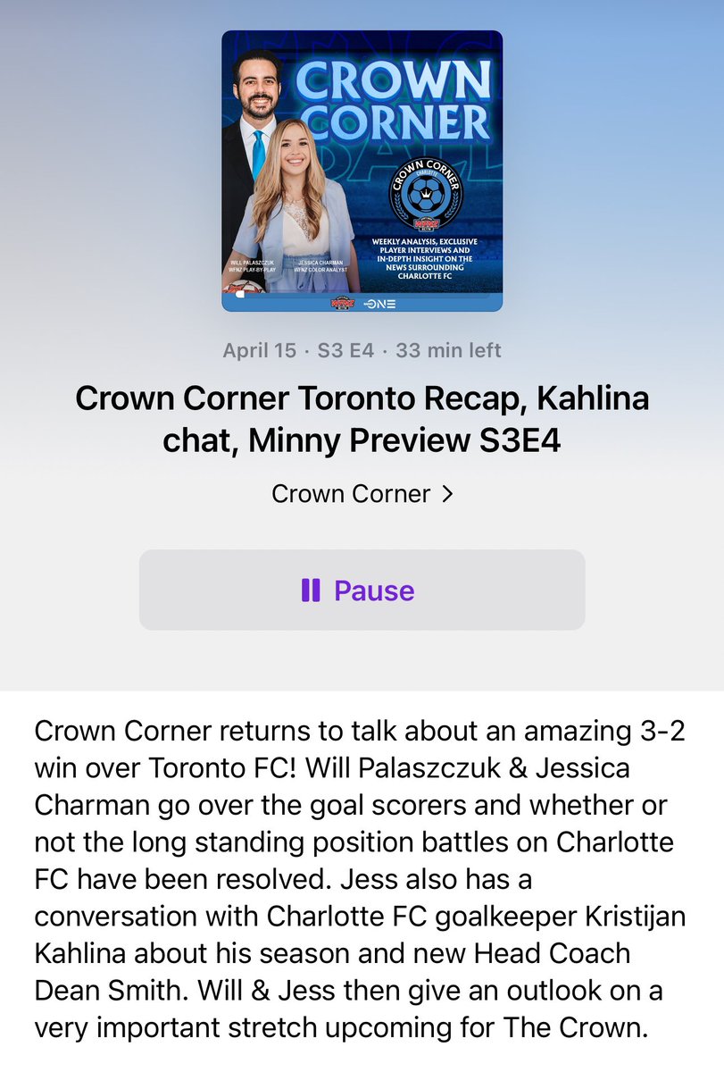NEW POD ALERT🎙️📻: Crown Corner Season 3, Episode 4 has dropped! @WilliePStyle & @JessTalksFootie discuss @CharlotteFC’s win over TFC, preview a big home stretch for CLTFC, & Jess talks to GK Kristijan Kahlina about his season! Available wherever you get podcasts! #ForTheCrown