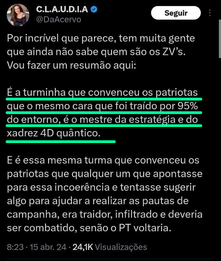 Pelo seu comentário, nota-se que vc vê JB como um imbecil; um incapaz, vc o despreza com todas as suas forças. Já nós, ZV, vemos JB como um herói, por ter dado o sangue pelo país e até hj carregar as cicatrizes. Se hj o país está essa desgraça, saiba que vc contribuiu, Claudia.